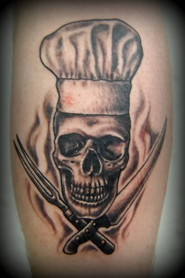 Very Nice Chef Skull With Cross Knives Tattoo