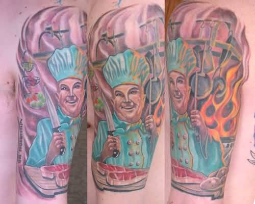 Very Nice Chef With Flames And Knives Tattoo On Half Sleeve