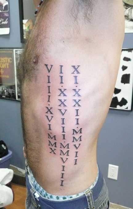 Very Nice Roman Numerals Tattoo On Side Rib For Men