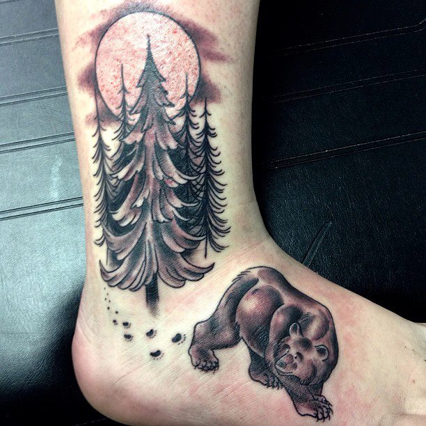 Walking Bear Forest Tree Tattoo On Leg