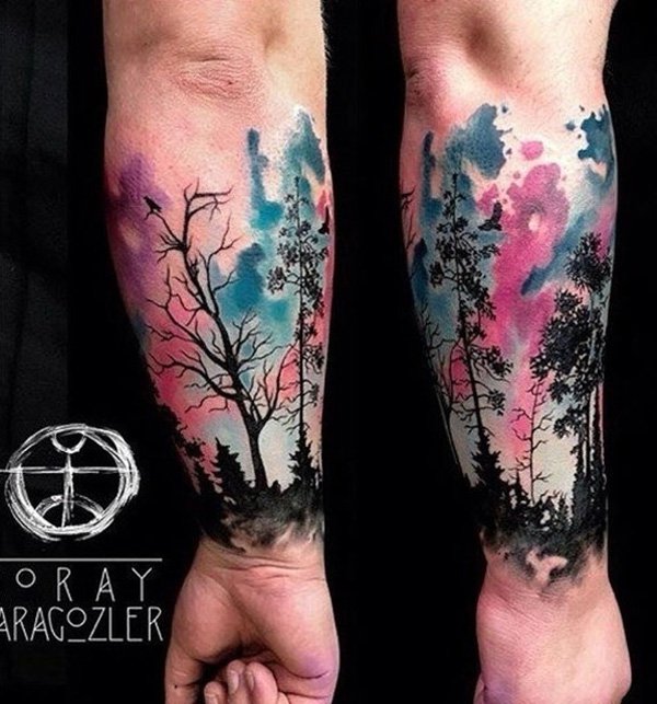 Watercolor Forest Tattoo On Right Arm by Koray Karagozler