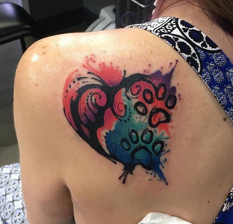 Watercolor Heart Tattoo On Left Back Shoulder by Chad Lambert