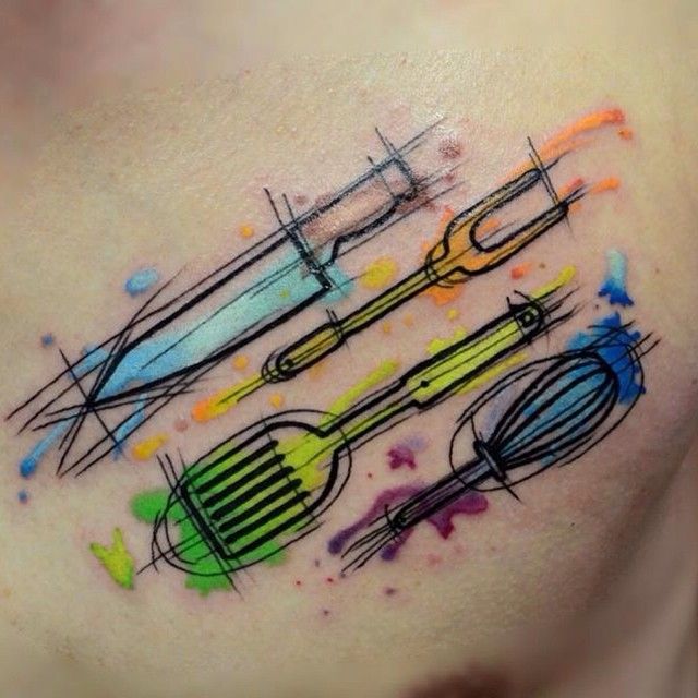 Watercolor Knife And Fork With Egg Beater Tattoo