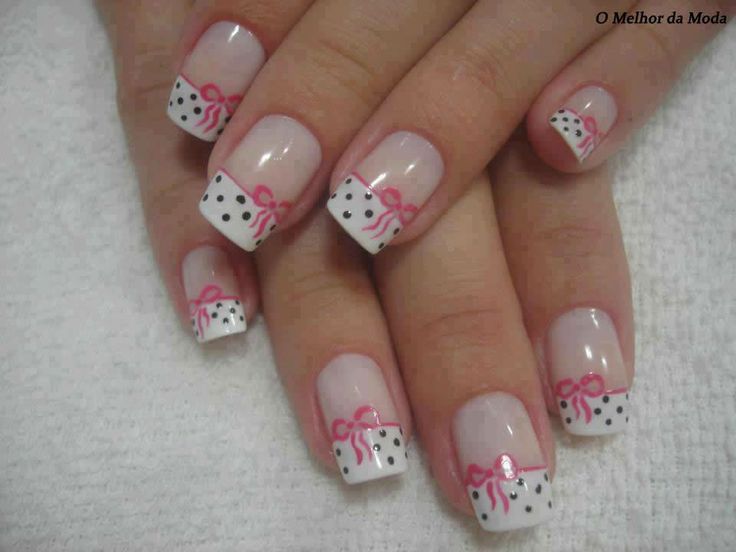 White And Black French Tip Polka Dots Nail Art With Pink Bow Design