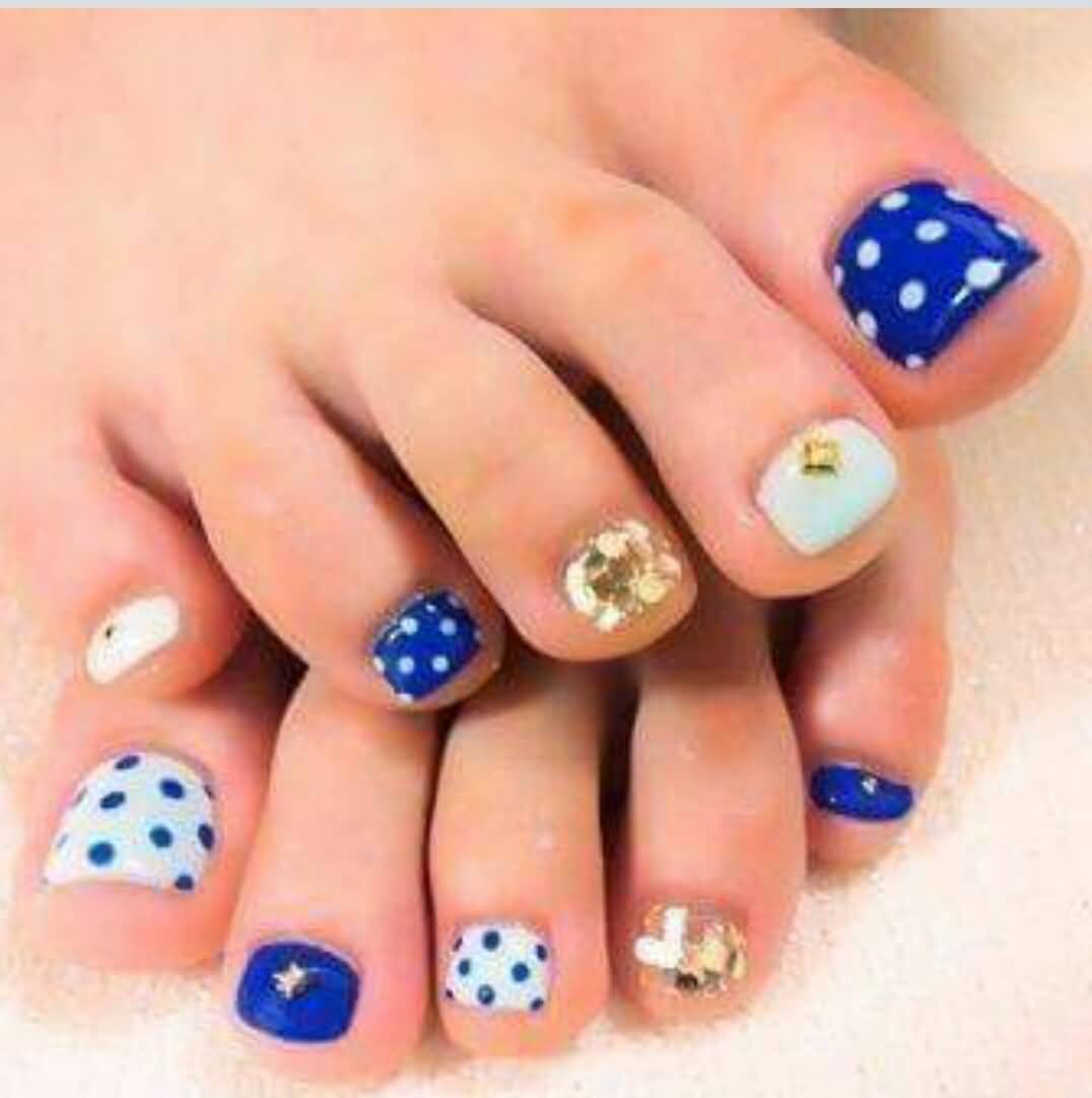 White And Blue Polka Dots Nail Art Design For Toe