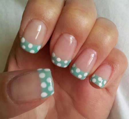 White And Mint Polka Dots Nail Art French Tip