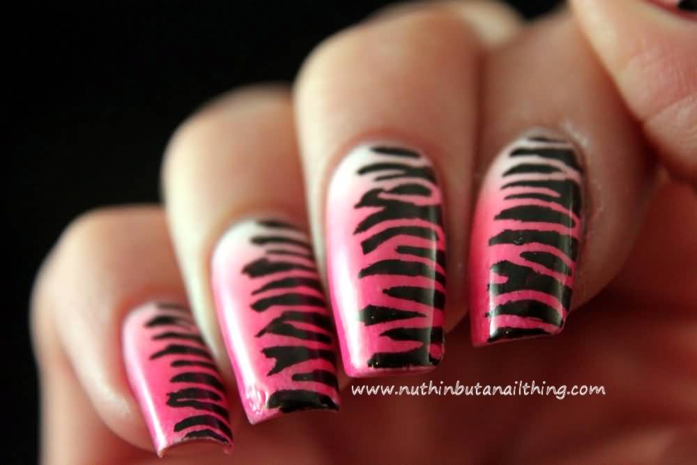 White And Pink Ombre Zebra Print Nail Art