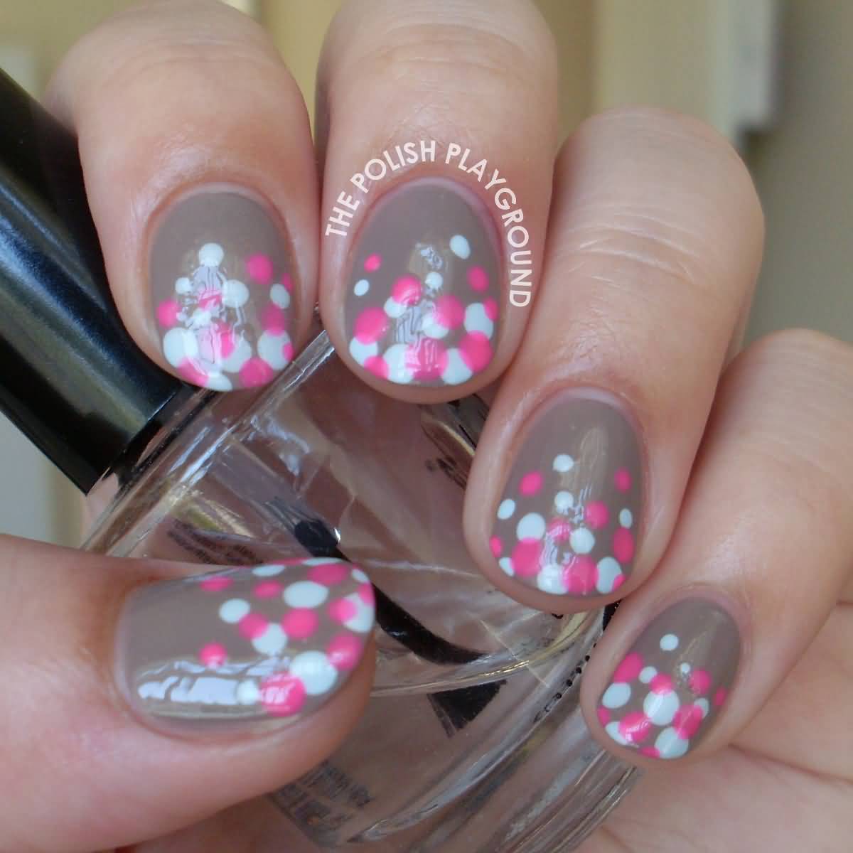 White And Pink Polka Dots Nail Art Design