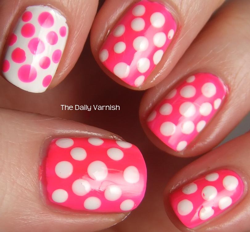 White And Pink Polka Dots Nail Art