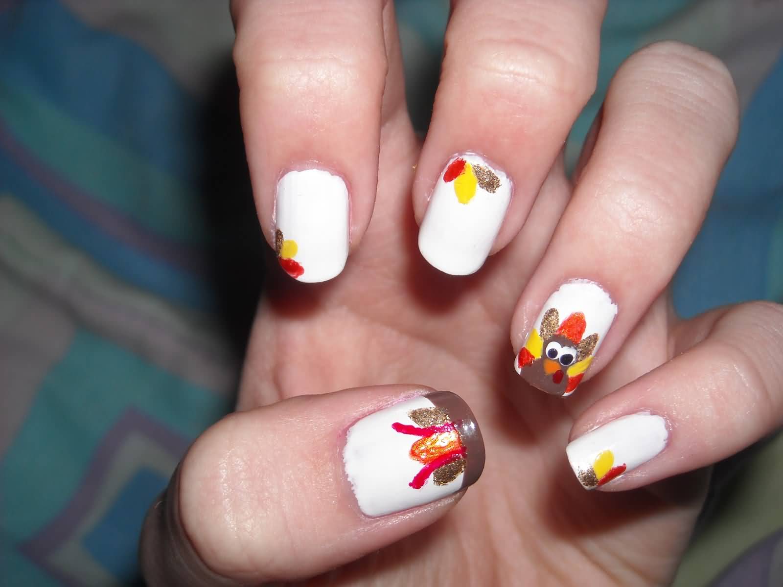 White Base Nails With Accent Turkey And Fallen Leaves Thanksgiving Nail Art