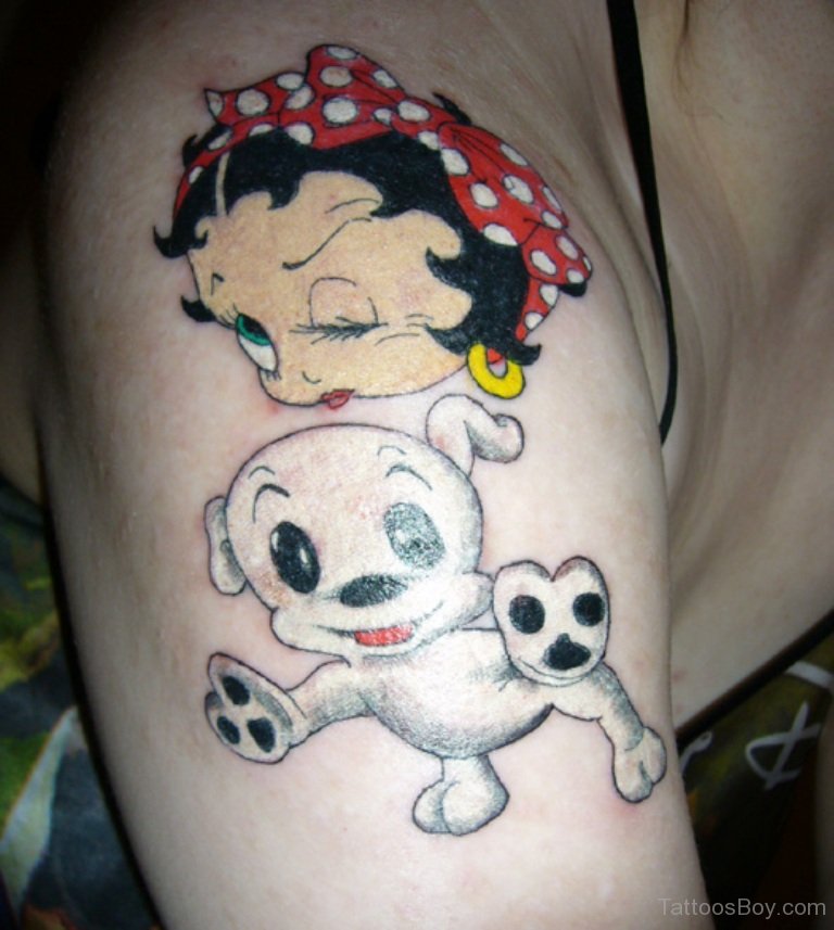 White Ink Puppy And Betty Boop Tattoo On Shoulder