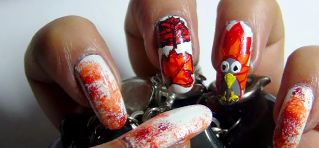 White Long Nails With Color Splash And Turkey Face Thanksgiving Nail Art