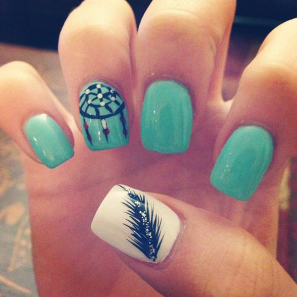 White Nail With Black Feather Nail Art And Dreamcatcher Design