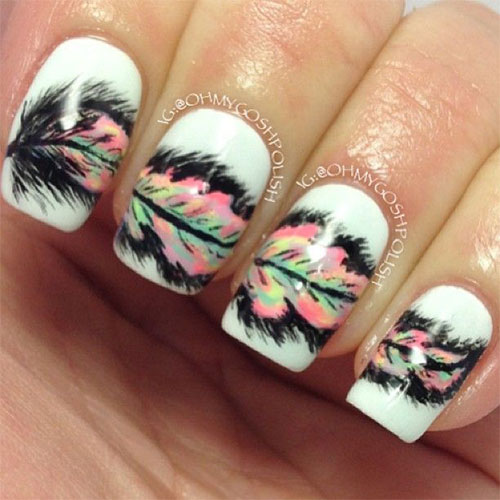 White Nails With Beautiful Feather Nail Art