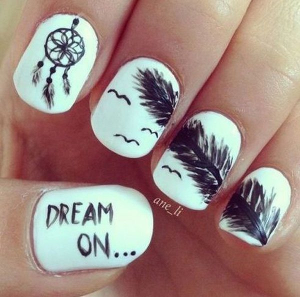 White Nails With Black Feather And Dreamcatcher Nail Art