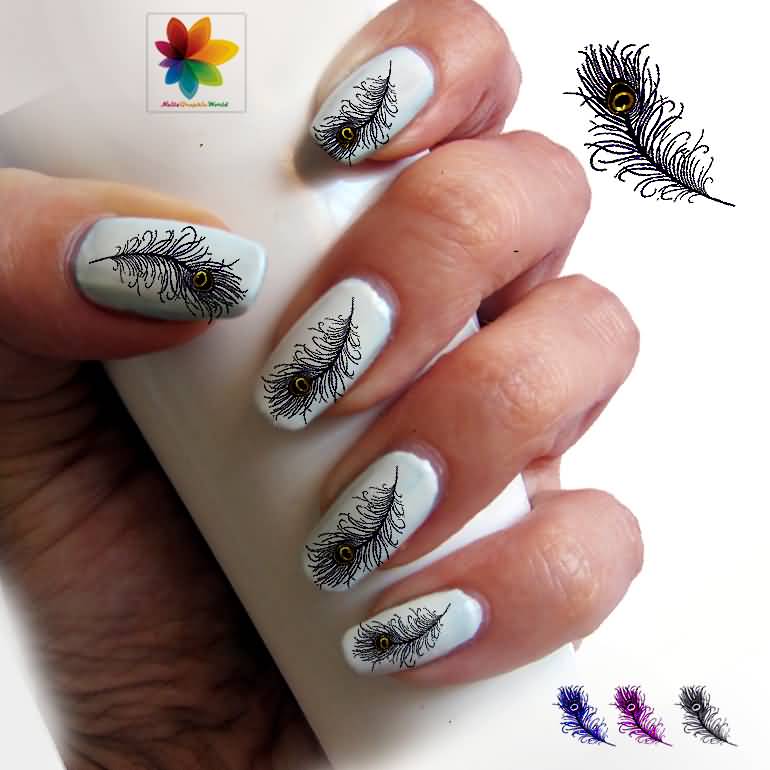 White Nails With Black Feather Nail Art Idea