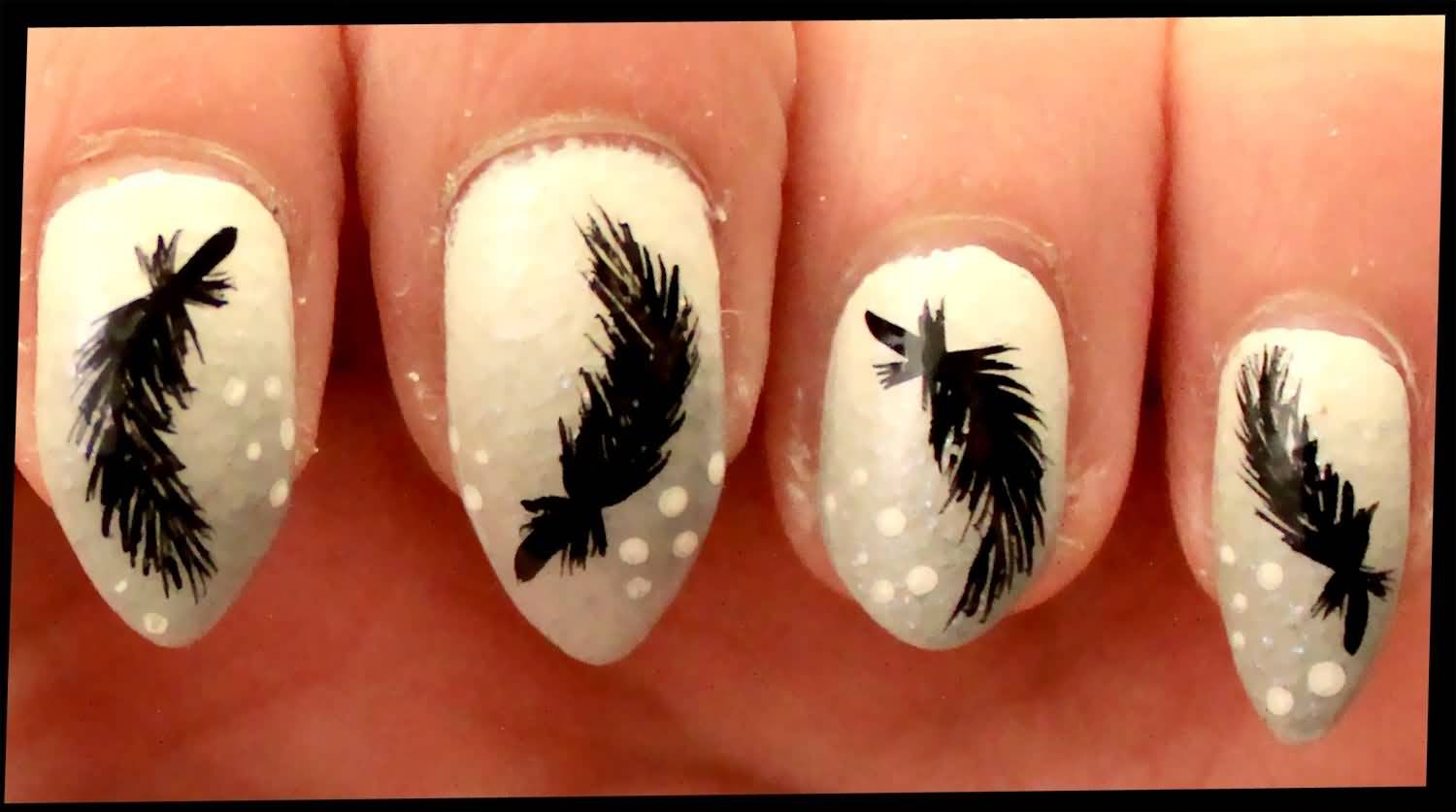 White Nails With Black Feather Nail Art