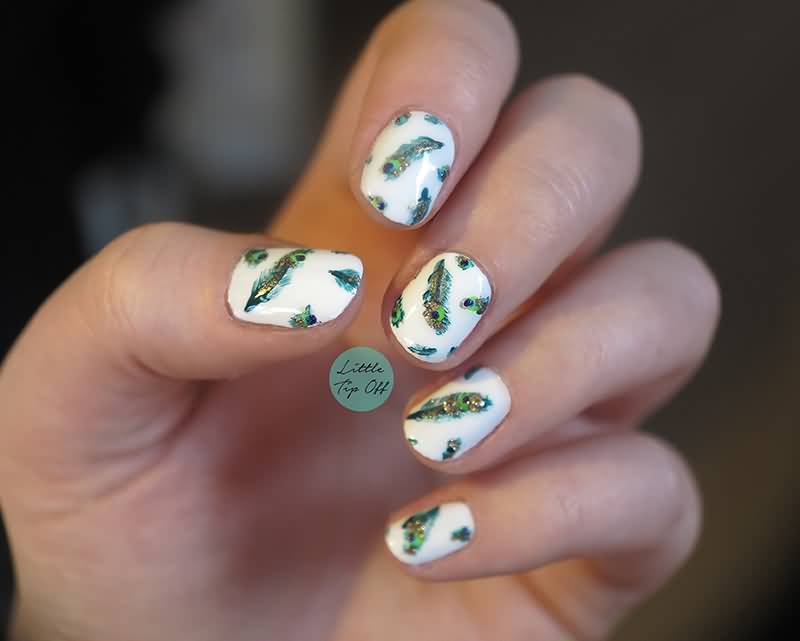 White Nails With Gold And Green Peacock Feather Nail Art