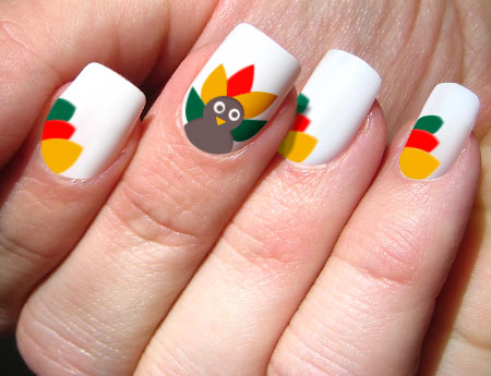 White Nails With Turkey Feathers Thanksgiving Nail Art