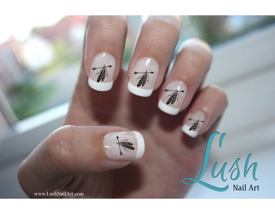 White Tip Nails With Hanging Feathers Design