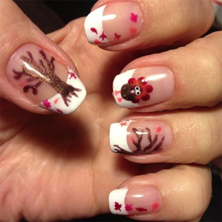 White Tip Nails With Turkey And Fallen Leaves Trees Thanksgiving Nail Art