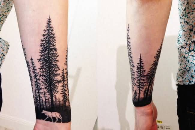 Wild Wolf And Forest Tree Tattoo On Arm