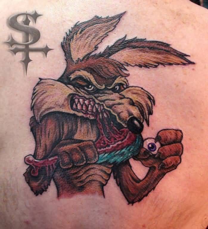 Wile E. Coyote Tattoo On Back Shoulder