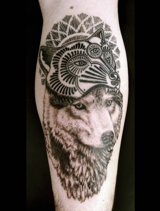 Wolf And Coyote Tattoos on Leg By Coyote Negro