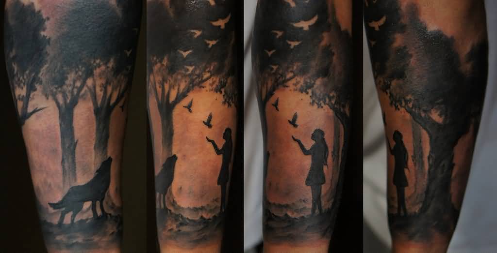 Wolf And Girl In Forest Tattoo On Left Sleeve