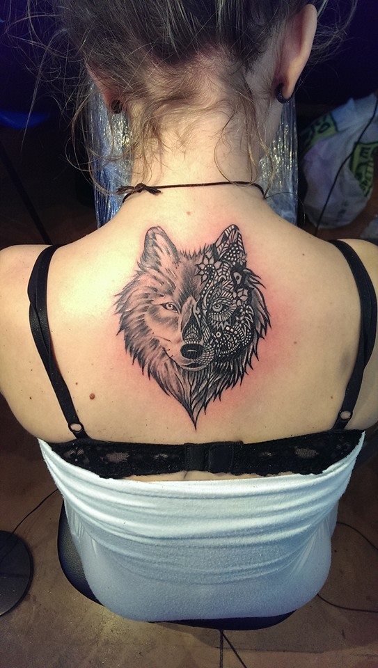 Wolf Head Tattoo On Upper Back by Marley