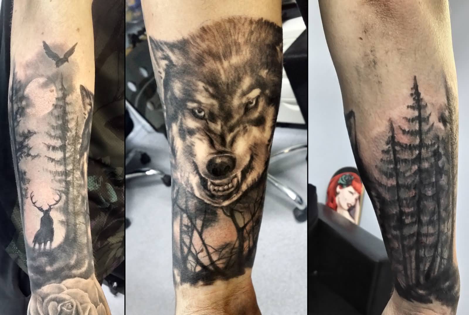 Wolf In Forest Tattoo On Arm Sleeve by Justyna Kurzelowska1