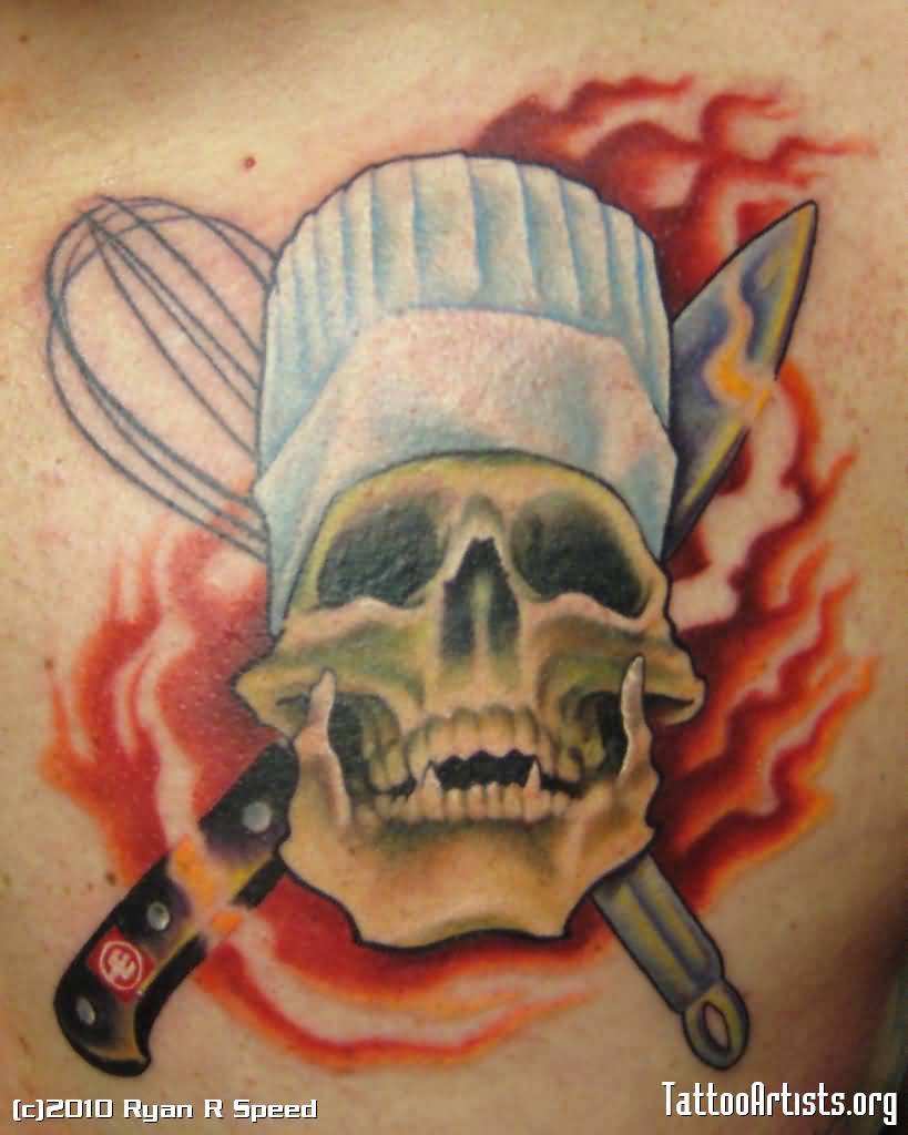 Wonderful Chef Skull With Egg Beater, Knife And Flames Tattoo