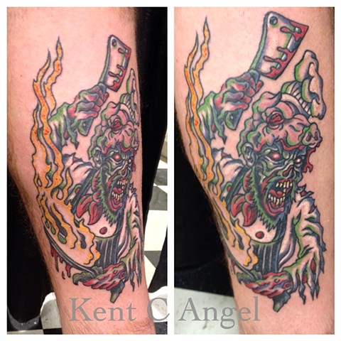 Zombie Chef Attacking With Flames Tattoo