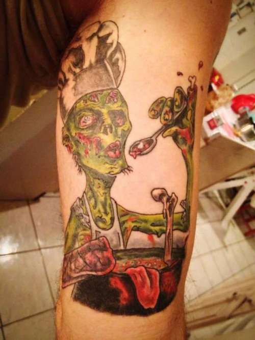 Zombie Chef Tasting Food Tattoo On Leg