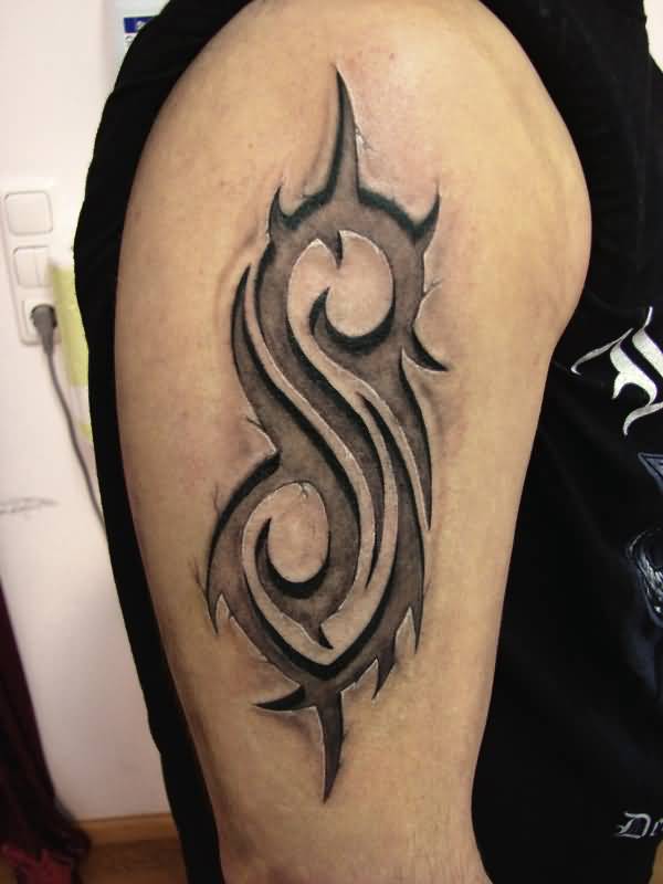 3D Black And White Slipknot Logo Tattoo On Right Half Sleeve