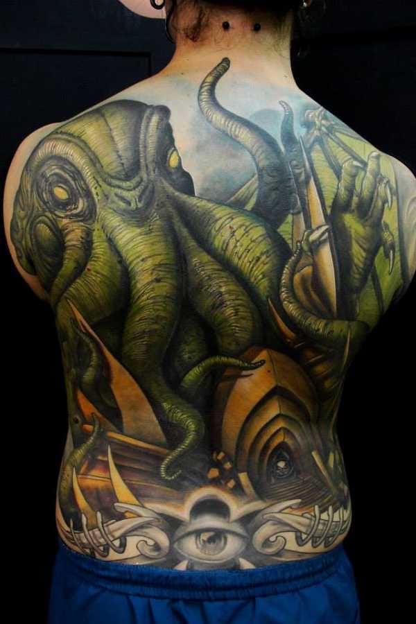 Black And Grey Cthulhu Tattoo On Back For Men by Effieboneata