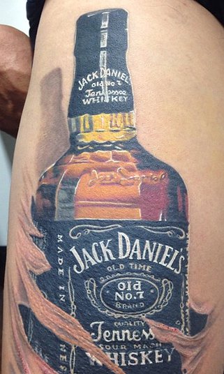 3D Jack Daniel Bottle Ripped Skin Tattoo On Half Sleeve