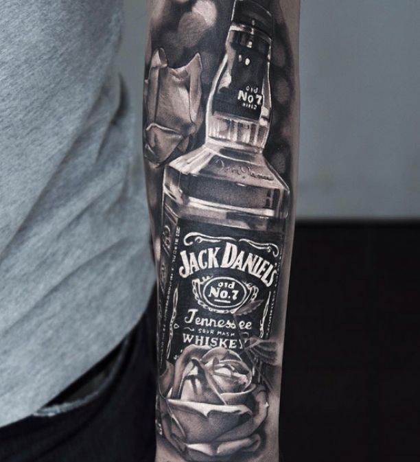 3D Jack Daniel Bottle With Rose Tattoo On Arm Sleeve