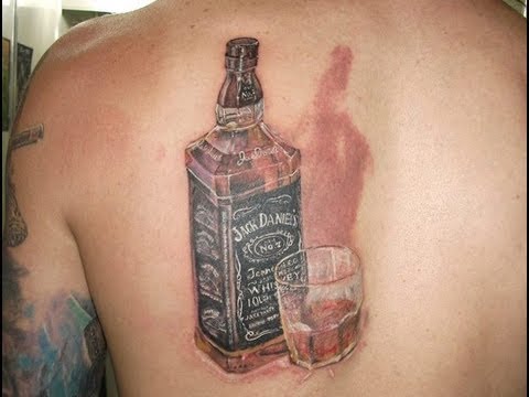 3D Jack Daniel Bottle With Water In Glass Tattoo On Upper Back