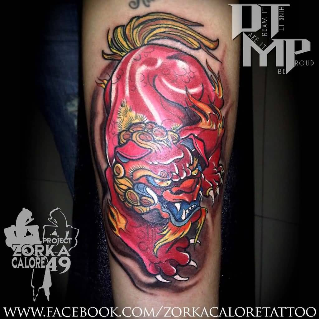 3D Red Color Foo Dog Tattoo On Half Sleeve By Surfboyz12
