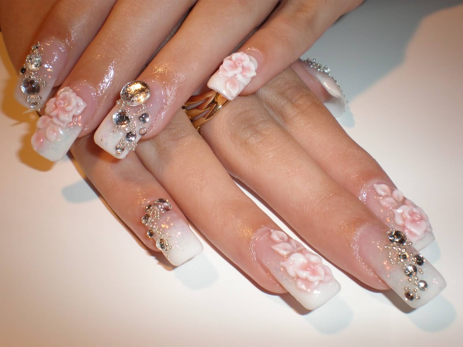 3d Flowers With Crystal Rhinestones Wedding Nail Art