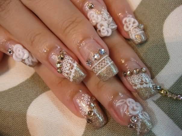 3d Flowers With Rhinestones And Lace Design Wedding Nail Art