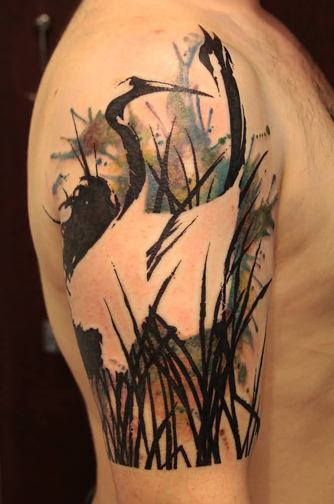 Abstract Crane Tattoo On Man Right Shoulder