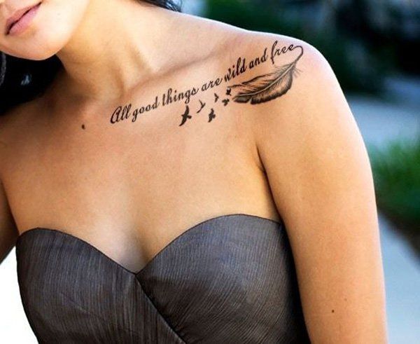 All Good Things Are Wild And Free - Flying birds And Feather Tattoos On Left Clavicle