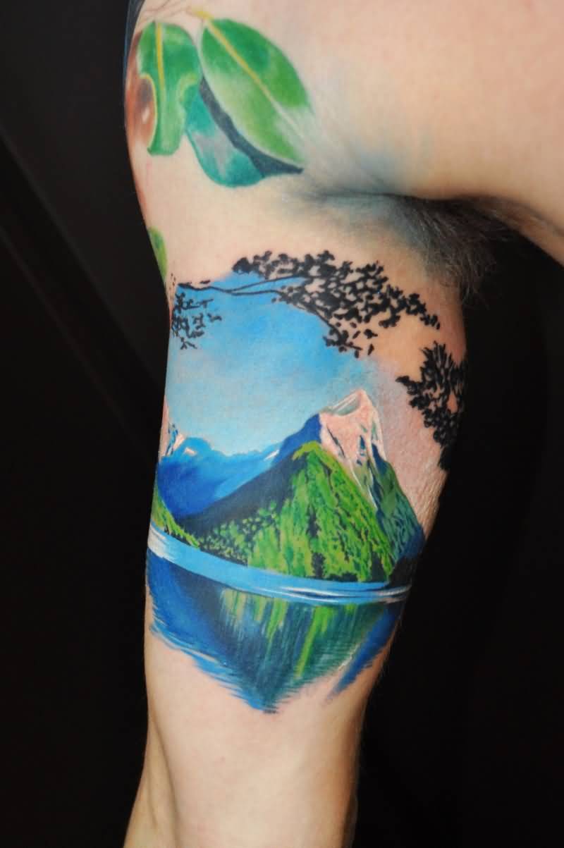 Amazing 3D Mountains With Tree Tattoo On Bicep