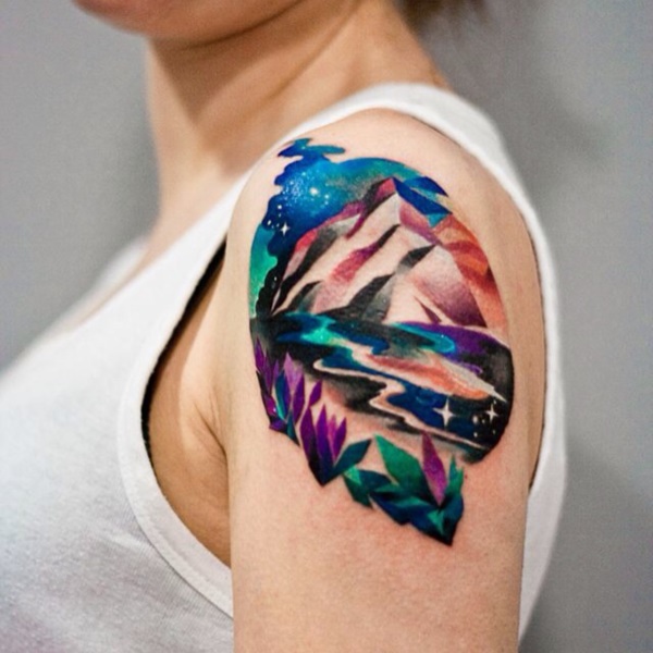 Amazing Abstract Mountains Tattoo On Left Shoulder