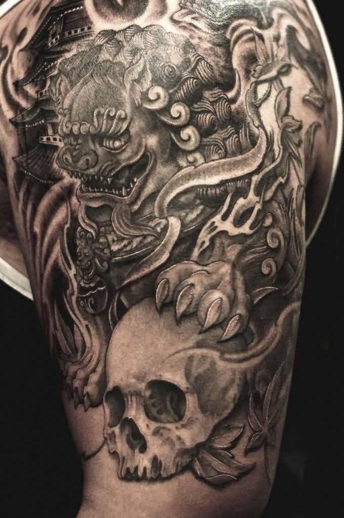 Amazing Black And Grey Foo Dog And Skull Tattoo On Half Sleeve