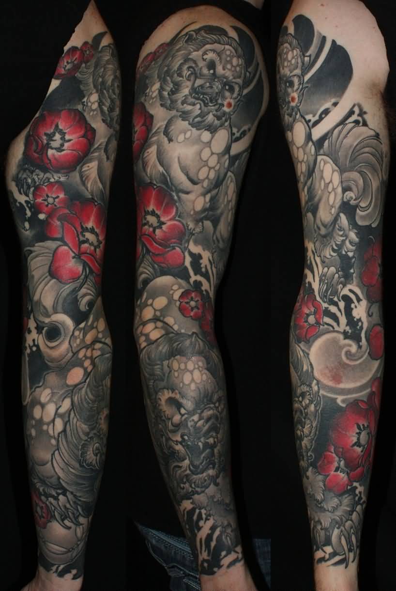Amazing Black And Grey Foo Dogs With Red Flowers Tattoo On Full Sleeve