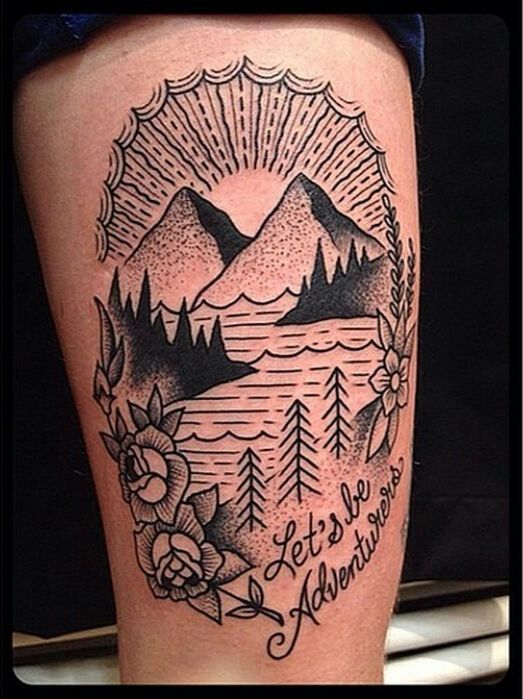 Amazing Black And White Mountains With Pine Trees Traditional Tattoo