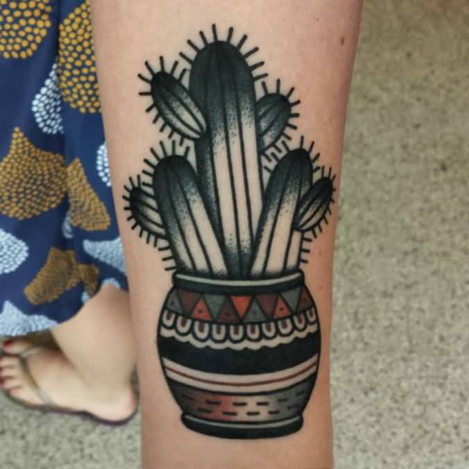 Amazing Black Color Cactus In Pot Traditional Tattoo On Forearm